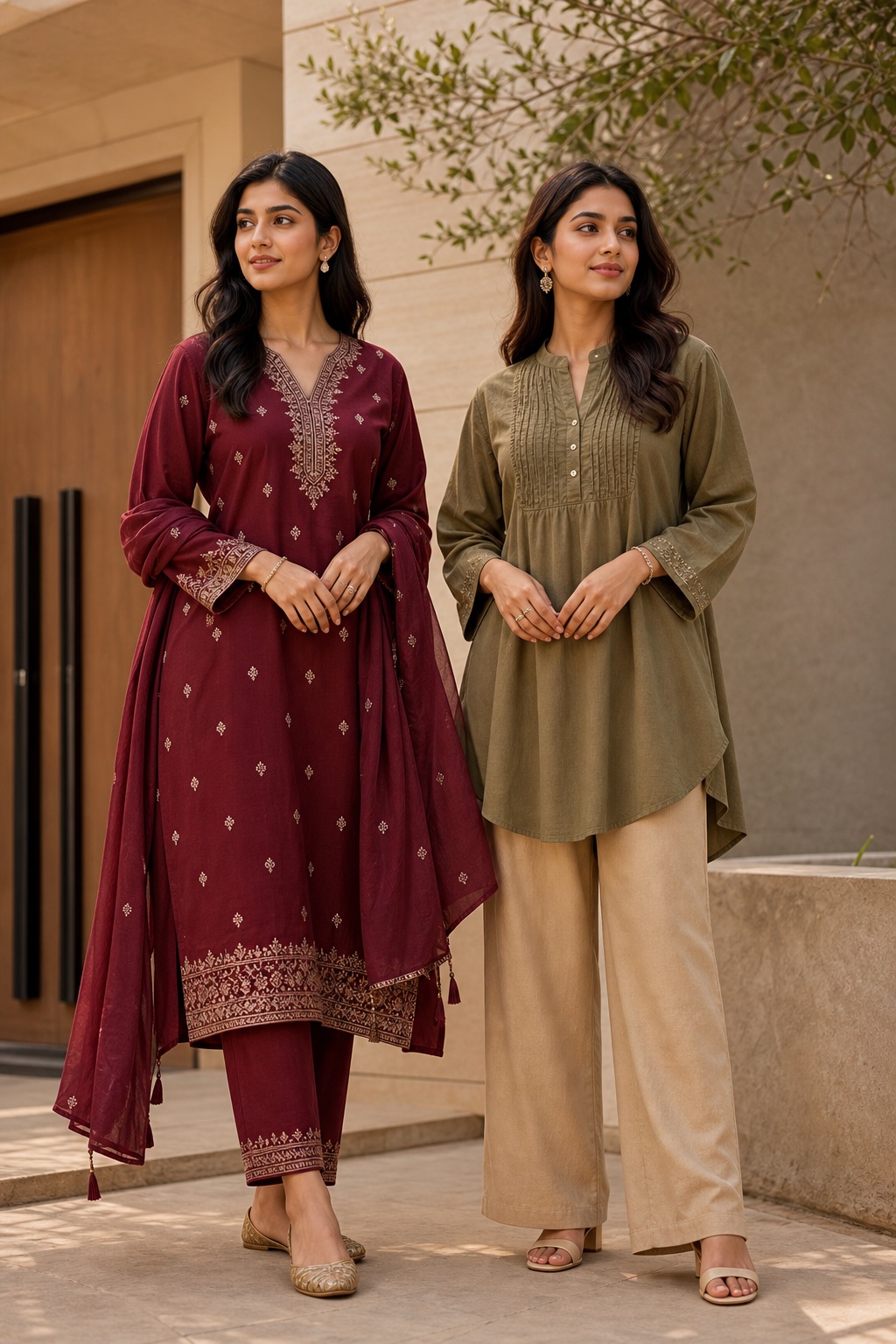 Indian women wearing embroidered kurta sets