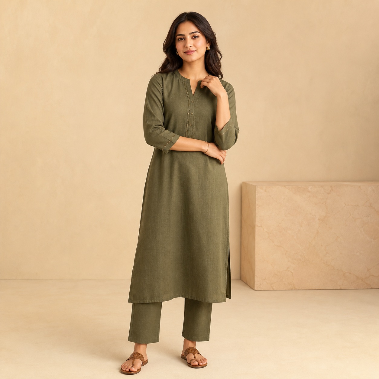 Woman wearing an olive kurta set