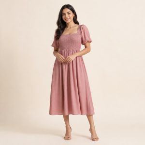 Dusty Rose Smocked Midi Dress